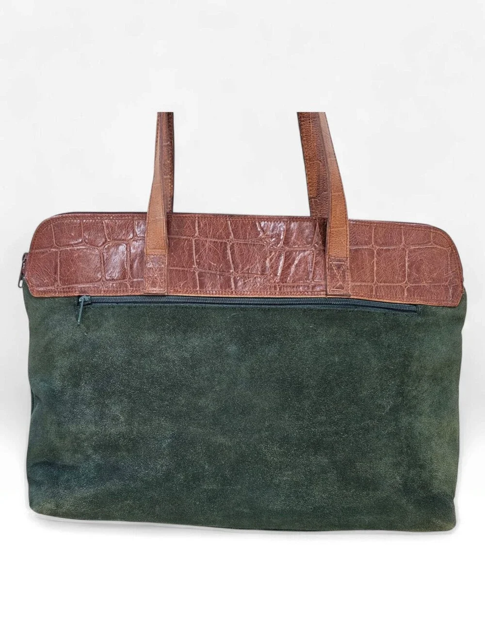 Vtg VALERIE STEVENS Green Suede Brown Croc Embossed Leather Zip Work Tote